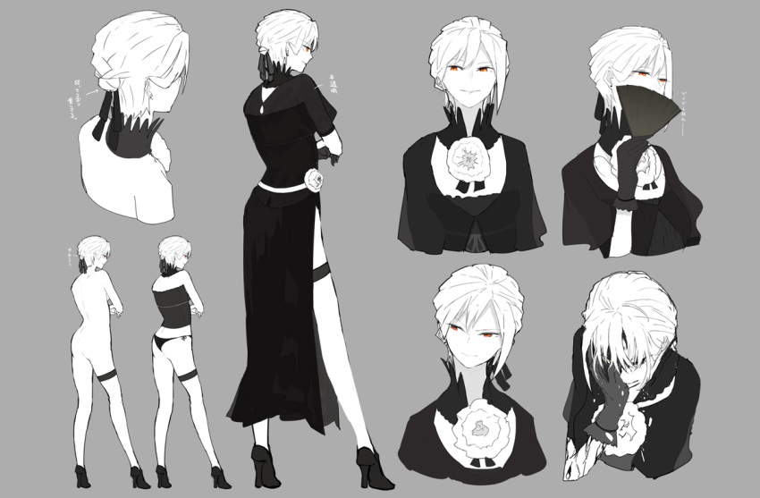 1girl, character_sheet, clothes_removed, collar, dress, fan, hand_on_own_face, high_heels, orange_eyes, original, shinkaisei-kan, short_hair, side_slit, siirakannu, simple_background, smile, solo, thigh_strap, tied_hair, underwear, vione_(siirakannu), white_hair