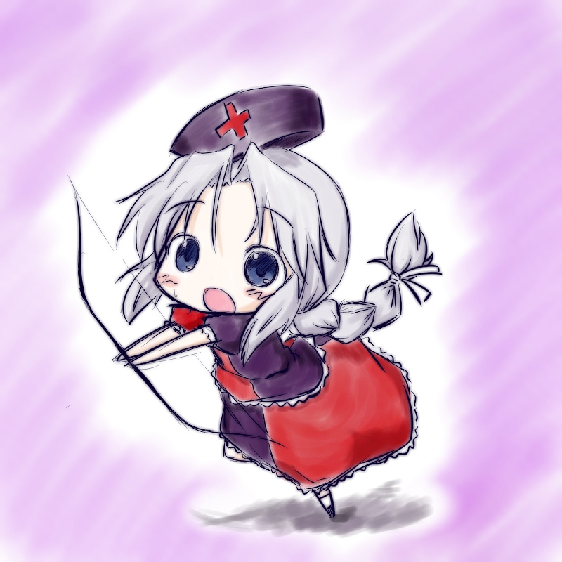 bow, chibi, fuugetsu_oreha_ikiru, hat, nurse_hat, silver_hair, touhou, weapon, yagokoro_eirin