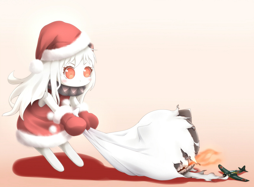 1girl, airplane, chibi, dress, enemy_aircraft_(kantai_collection), evandragon, highres, horns, kantai_collection, long_hair, mittens, northern_ocean_hime, red_dress, red_eyes, reppuu_(kantai_collection), sack, shinkaisei-kan, torn_sack, white_hair, white_skin
