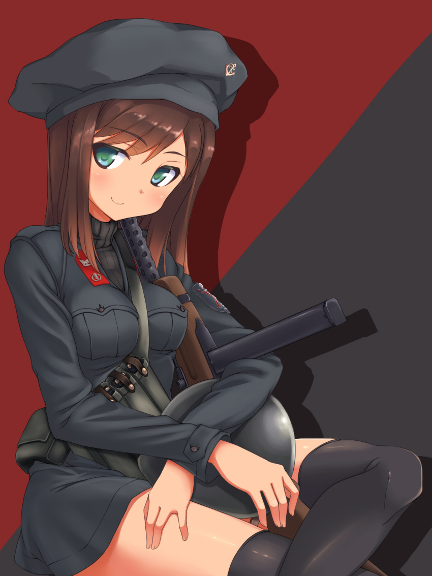 1girl, a9b_(louis814), beretta_model_38, brown_hair, cartridge, federica_n_doglio, green_eyes, gun, hat, helmet, highres, long_hair, looking_at_viewer, magazine_(weapon), military, military_uniform, sitting, smile, solo, strike_witches, submachine_gun, thigh-highs, uniform, weapon, weapon_request