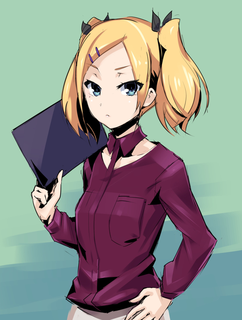1girl, :<, blonde_hair, blue_eyes, bow, collarbone, collared_shirt, cowboy_shot