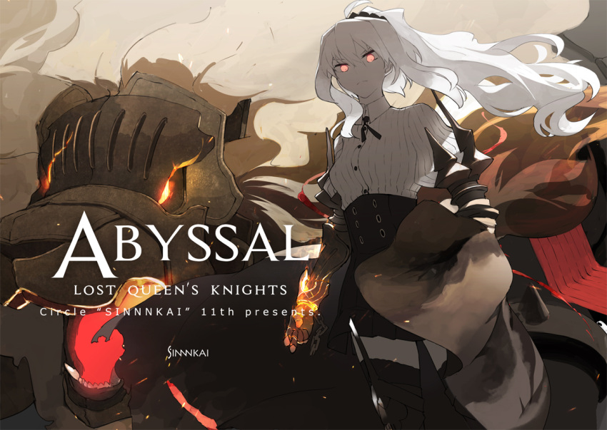1girl, armor, chain, cowboy_shot, gauntlets, glowing, glowing_eyes, glowing_mouth