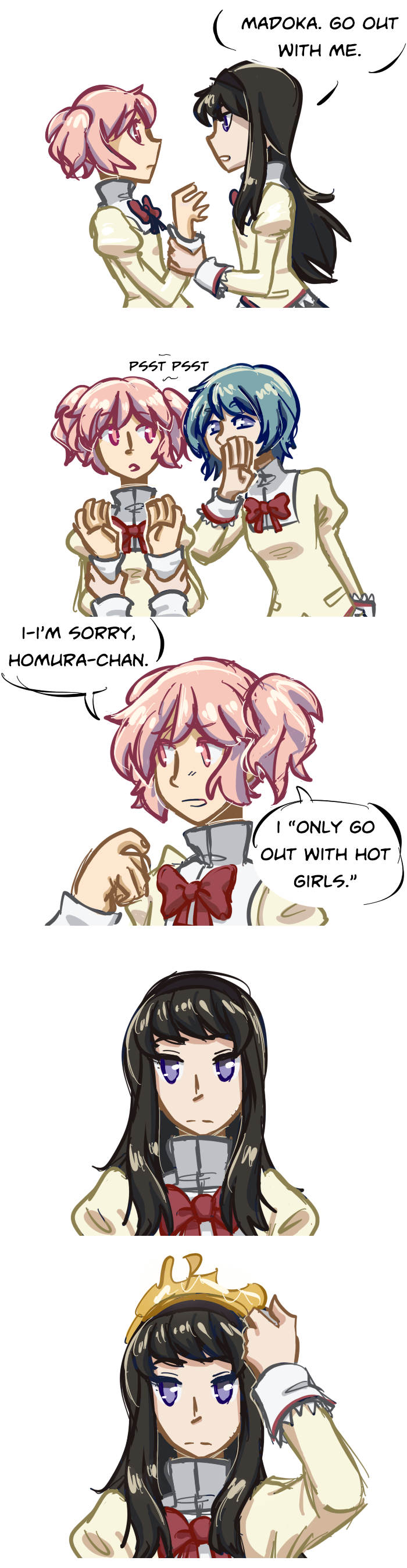 3girls, 5koma, absurdres, akemi_homura, black_hair, blue_eyes, blue_hair, comic, english, fire, highres, kaname_madoka, mahou_shoujo_madoka_magica, miki_sayaka, multiple_girls, open_mouth, pink_eyes, pink_hair, school_uniform, self-immolation, violet_eyes, vividgrim, whispering, wrist_grab, yuri