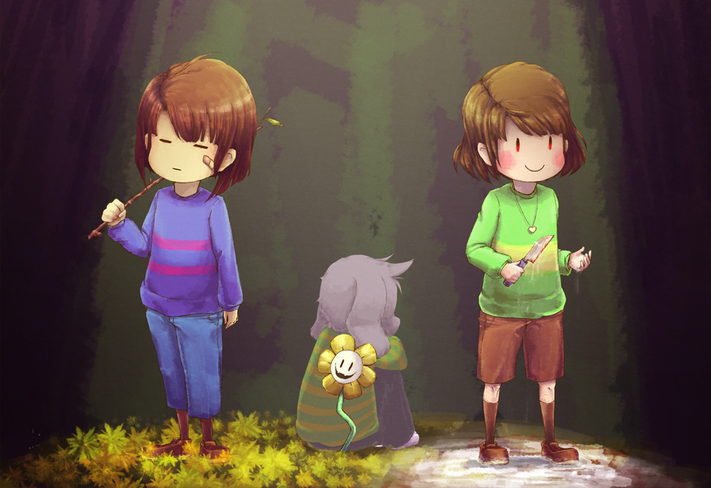 1boy, 2others, =_=, animal_ears, asriel_dreemurr, bandaid, bangs, blunt_bangs, blush_stickers, bob_cut, chara_(undertale), closed_eyes, denim, dual_persona, evil_smile, fangs, flower, flowey_(undertale), frisk_(undertale), hands_on_own_knees, holding_knife, holding_stick, jeans, jewelry, knife, legs_together, locket, monster_boy, multiple_girls, pants, pendant, shirt, shoes, shorts, sitting, smile, socks, spoilers, standing, stick, striped, striped_shirt, sweater, traditional_media, turtleneck, undertale, watercolor_(medium), yu8