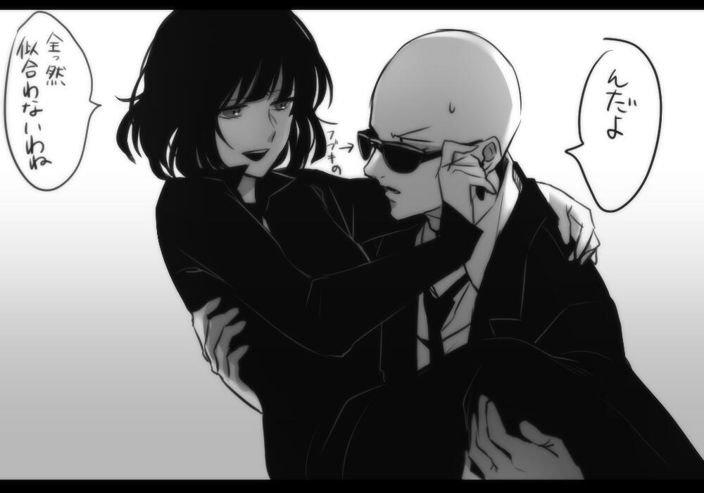 1boy, 1girl, adjusting_sunglasses, bald, carrying, directional_arrow, dress, formal