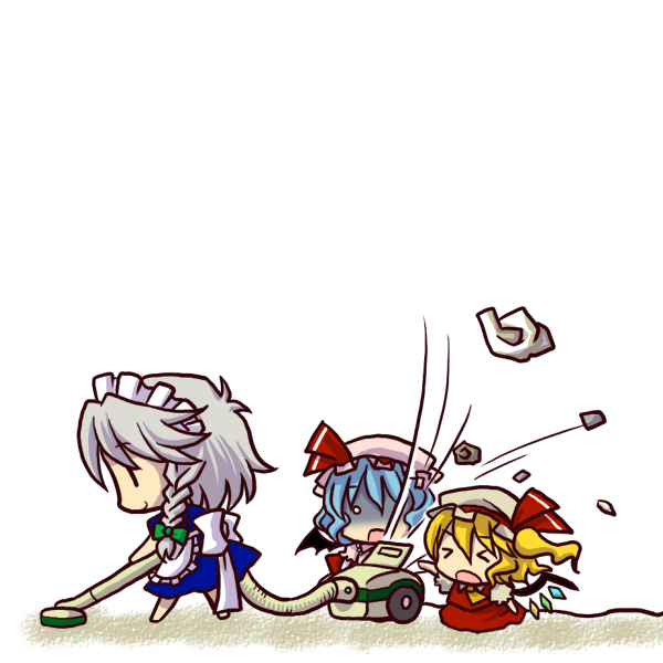 3girls, bat_wings, blonde_hair, blue_hair, chibi, cleaning, flandre_scarlet, grey_hair