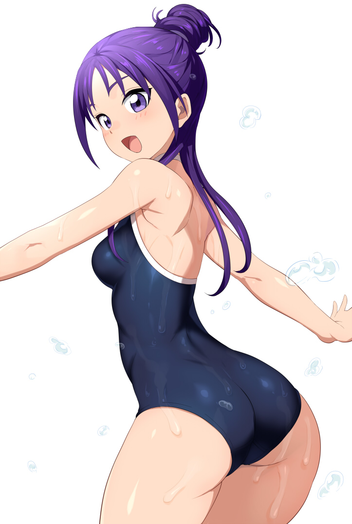 1girl, :d, blush, breasts, competition_school_swimsuit, from_behind, futari_wa_precure_splash_star, hair_ornament