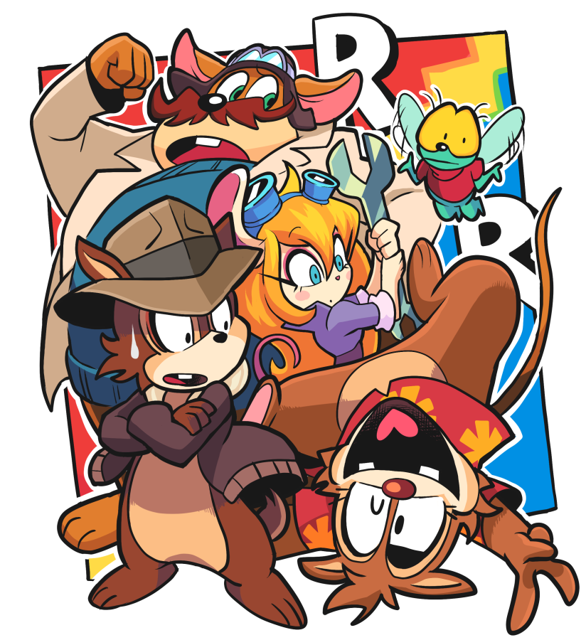 1girl, 4boys, animal_ears, blonde_hair, blue_eyes, bottomless, buck_teeth, chip_'n_dale_rescue_rangers