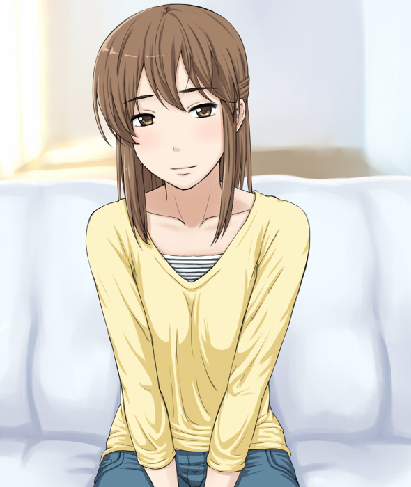 blush, brown_eyes, brown_hair, collarbone, jeans, original, short_hair, sitting