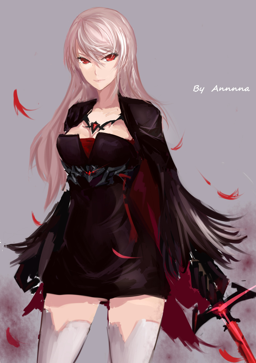 1girl, absurdres, annnna, artist_name, demon_slayer_(dungeon_and_fighter), dungeon_and_fighter, female_slayer_(dungeon_and_fighter), highres, long_hair, looking_at_viewer, red_eyes, silver_hair, solo, white_legwear