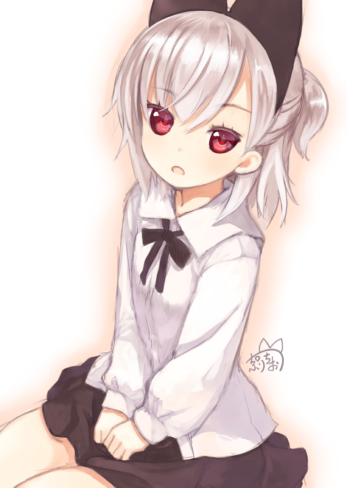1girl, :o, animal_ears, black_ribbon, black_skirt, blush, collared_shirt, fake_animal_ears