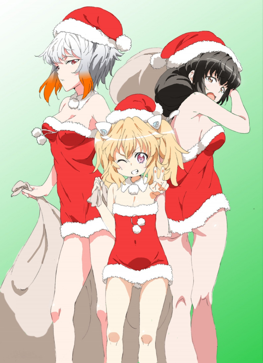 3girls, aquarion_logos, highres, kikogami_kokone, multiple_girls, santa_costume, tsukigane_maia, uminagi_karan