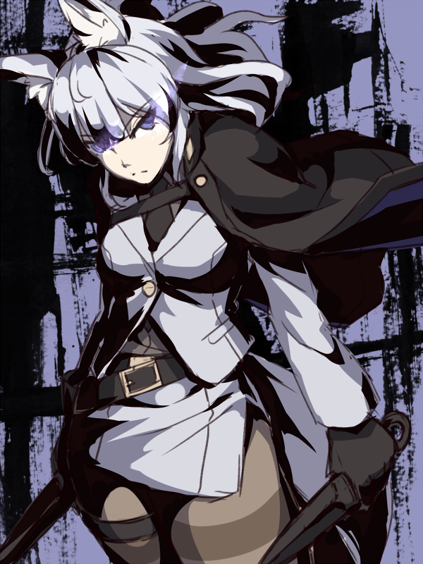1girl, animal_ears, belt, blue_eyes, capelet, formal, frown, gloves