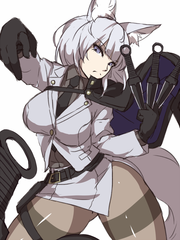 1girl, animal_ears, ass_visible_through_thighs, belt, blue_eyes, capelet, dagger, formal