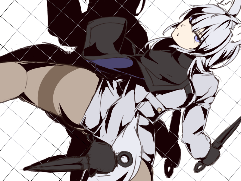 1girl, animal_ears, blue_eyes, capelet, fence, formal, frown, gloves