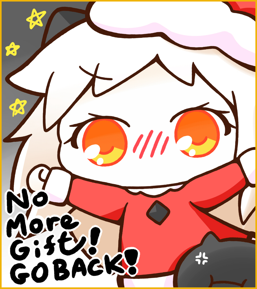 1girl, chibi, christmas, commentary, dress, hat, heimwelt, horns, kantai_collection, long_hair, looking_at_viewer, mittens, northern_ocean_hime, pale_skin, red_dress, santa_claus, santa_costume, shinkaisei-kan, solo, star, white_hair, white_skin, yellow_eyes