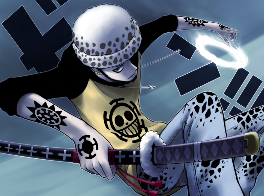 1boy, beard, blue_skin, earrings, facial_hair, hat, jewelry, katana, male, one_piece, sheath, sheathed, solo, sword, tattoo, trafalgar_law, weapon, yori