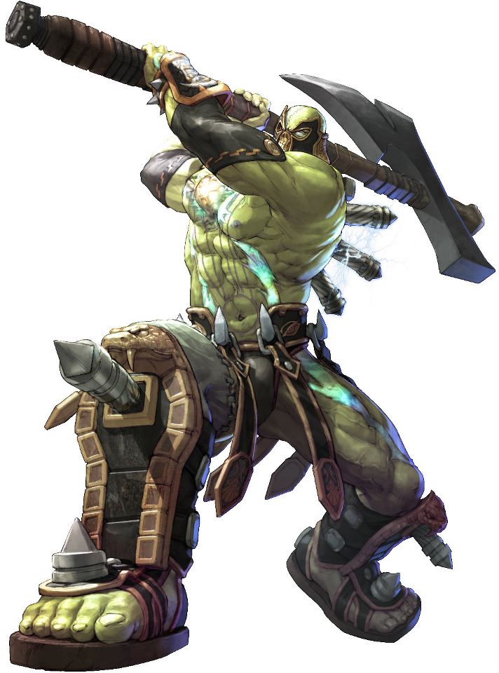 1boy, abs, astaroth_(soulcalibur), axe, bald, green_skin, kawano_takuji, mask