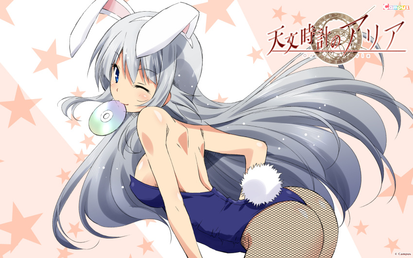 1girl, ;), animal_ears, arched_back, ass, back, bangs, bare_shoulders