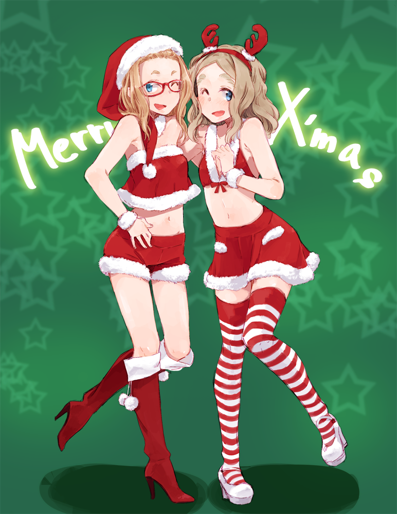 2girls, arm_around_back, bangs, blue_eyes, boots, borrowed_character, brown_hair, chibikko_(morihito)
