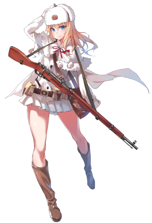 belt, belt_pouch, blonde_hair, blue_eyes, blush, bolt_action, boots, brown_boots