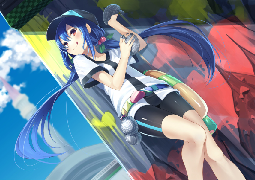 1girl, :q, alternate_costume, alternate_hairstyle, baseball_cap, bike_shorts, blush, food