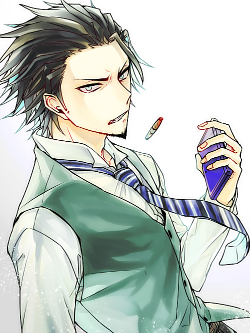 1boy, beard, black_hair, blue_eyes, cigarette, facial_hair, handheld_game_console, kamiya_eiji