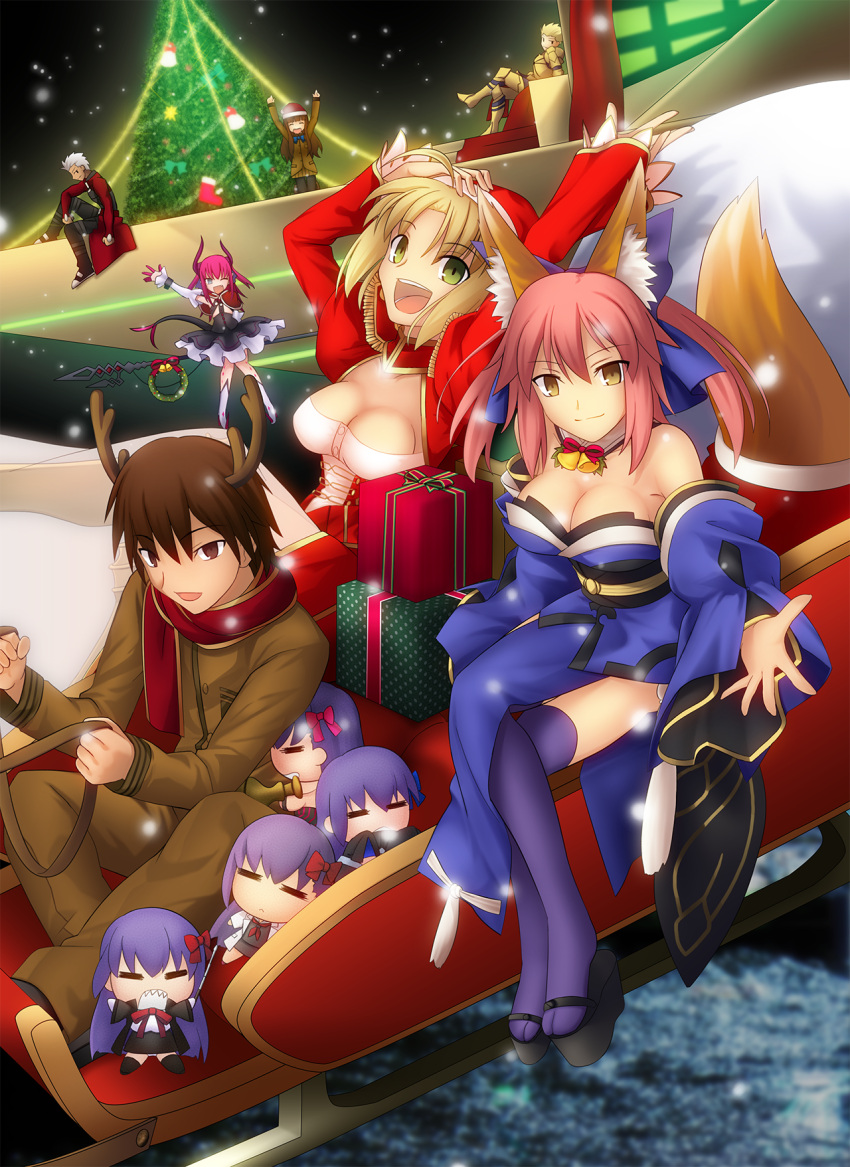 ahoge, animal_ears, archer, bb_(fate/extra_ccc), blonde_hair, caster_(fate/extra), character_request, christmas, fate/extra, fate/grand_order, fate_(series), fox_ears, fox_tail, gilgamesh, hat, highres, kishinami_hakuno_(female), kishinami_hakuno_(male), lancer_(fate/extra_ccc), matou_sakura, migiha, nero_claudius_(fate)_(all), passion_lip, saber_extra, santa_hat, sleigh, tail, tamamo_no_mae_(fate), type-moon, vimana