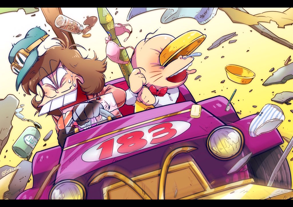 2boys, bald, bottle, bra, brown_hair, buck_teeth, car, chibita