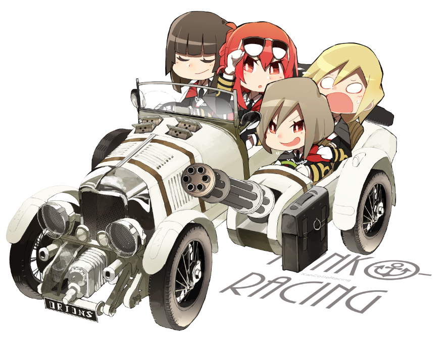 bentley, bentley_blower, black_hair, blonde_hair, briefcase, brown_hair, cape, car, convertible, gatling_gun, gun, hms_conqueror_(siirakannu), hms_monarch_(siirakannu), hms_orion_(siirakannu), hms_thunderer_(siirakannu), kantai_collection, machine_gun, military, military_uniform, minigun, motor_vehicle, original, racing, red_eyes, redhead, scared, sidecar, siirakannu, smirk, smug, sunglasses, sunglasses_on_head, uniform, vehicle, weapon
