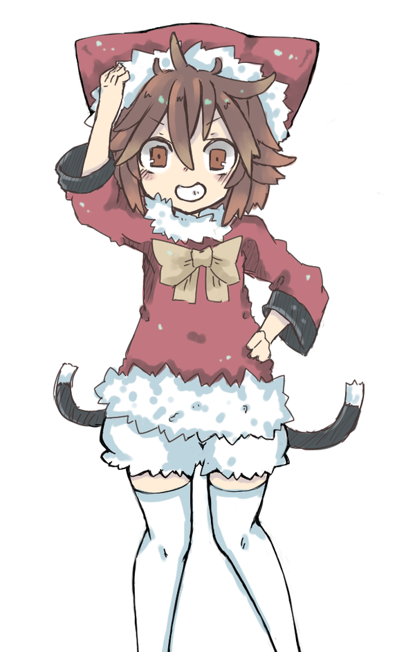 1girl, brown_eyes, brown_hair, cat_tail, chen, hand_on_hip, hat, looking_at_viewer, osaname_riku, ribbon, santa_costume, smile, tail, touhou