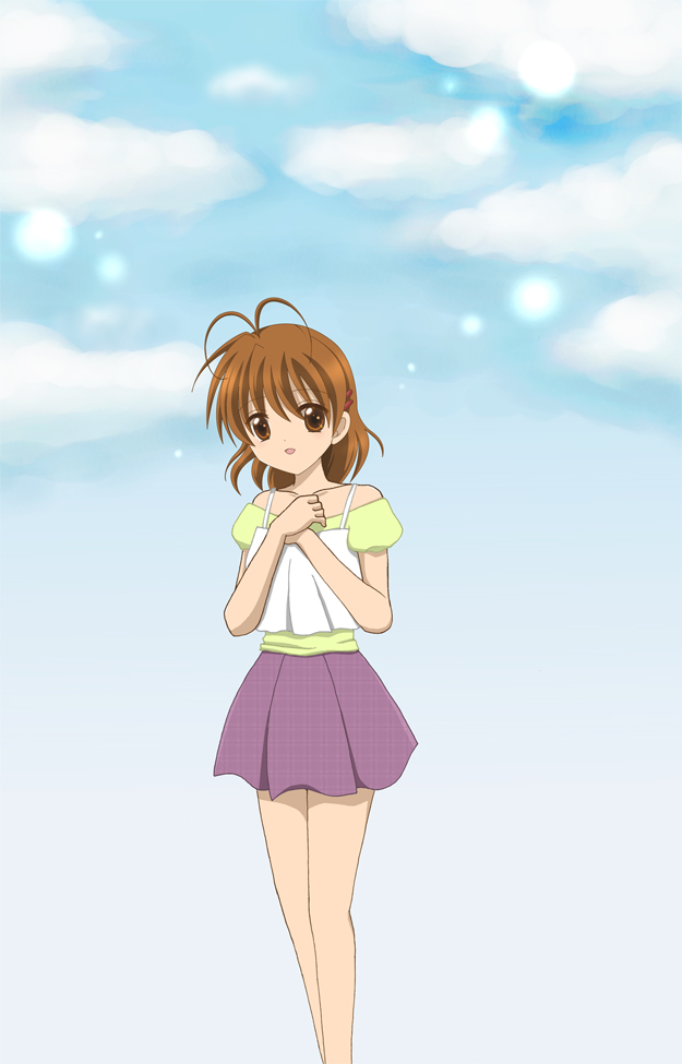 bad_id, brown_eyes, brown_hair, clannad, cloud, clouds, furukawa_nagisa, short_hair