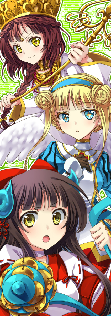 >:d, +_+, 3girls, :d, blonde_hair, blue_eyes, braid, brown_hair