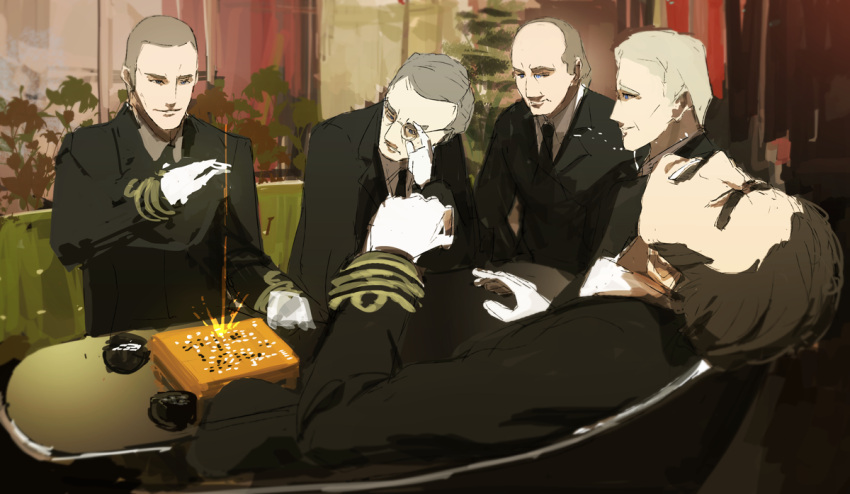 arthur_leveson, balding, black_hair, board_game, facial_hair, formal, george_holmes_borrett, glasses