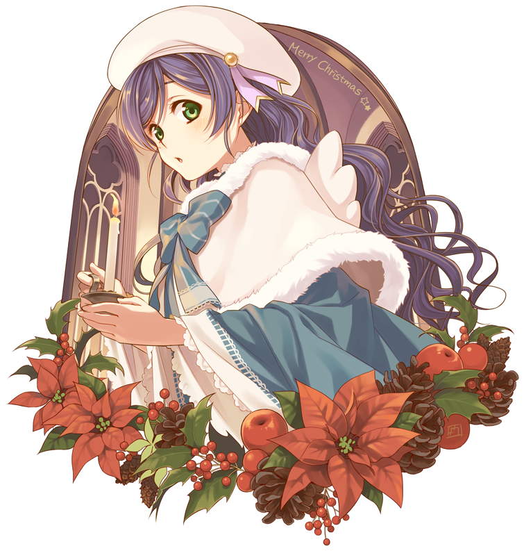 1girl, :o, beret, candle, capelet, flower, green_eyes, hat, hat_ribbon, holly, kannuki_hisui, long_hair, looking_at_viewer, love_live!_school_idol_festival, love_live!_school_idol_project, merry_christmas, pinecone, poinsettia, purple_hair, ribbon, snow_halation, solo, toujou_nozomi