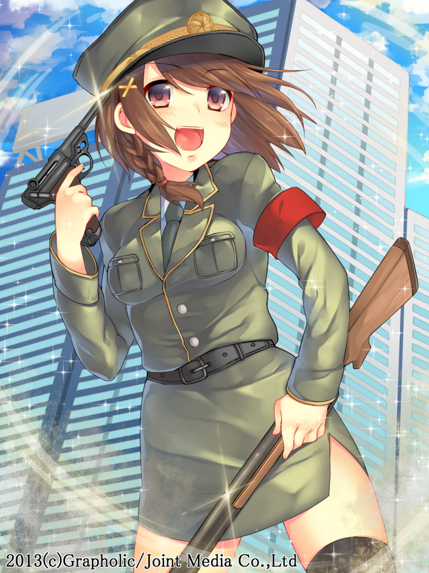 1girl, :d, akashi_(akashimichi), armband, belt, black_legwear, blush, brown_eyes