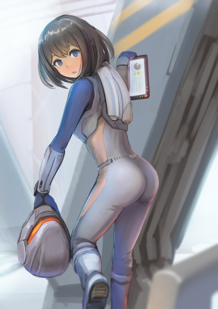 1girl, black_hair, blue_eyes, blush, bodysuit, enumiyan, helmet, highres