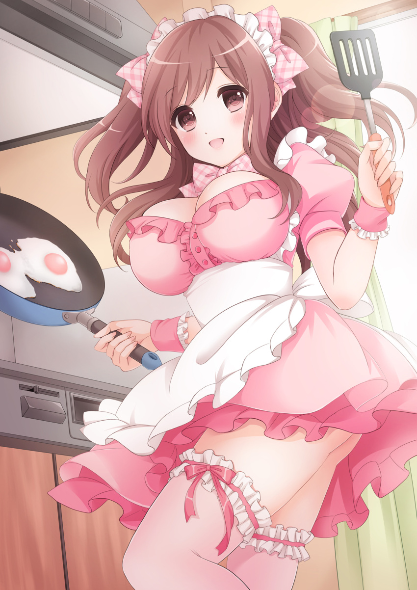 1girl, :d, breasts, brown_eyes, brown_hair, cleavage, female, frying_pan
