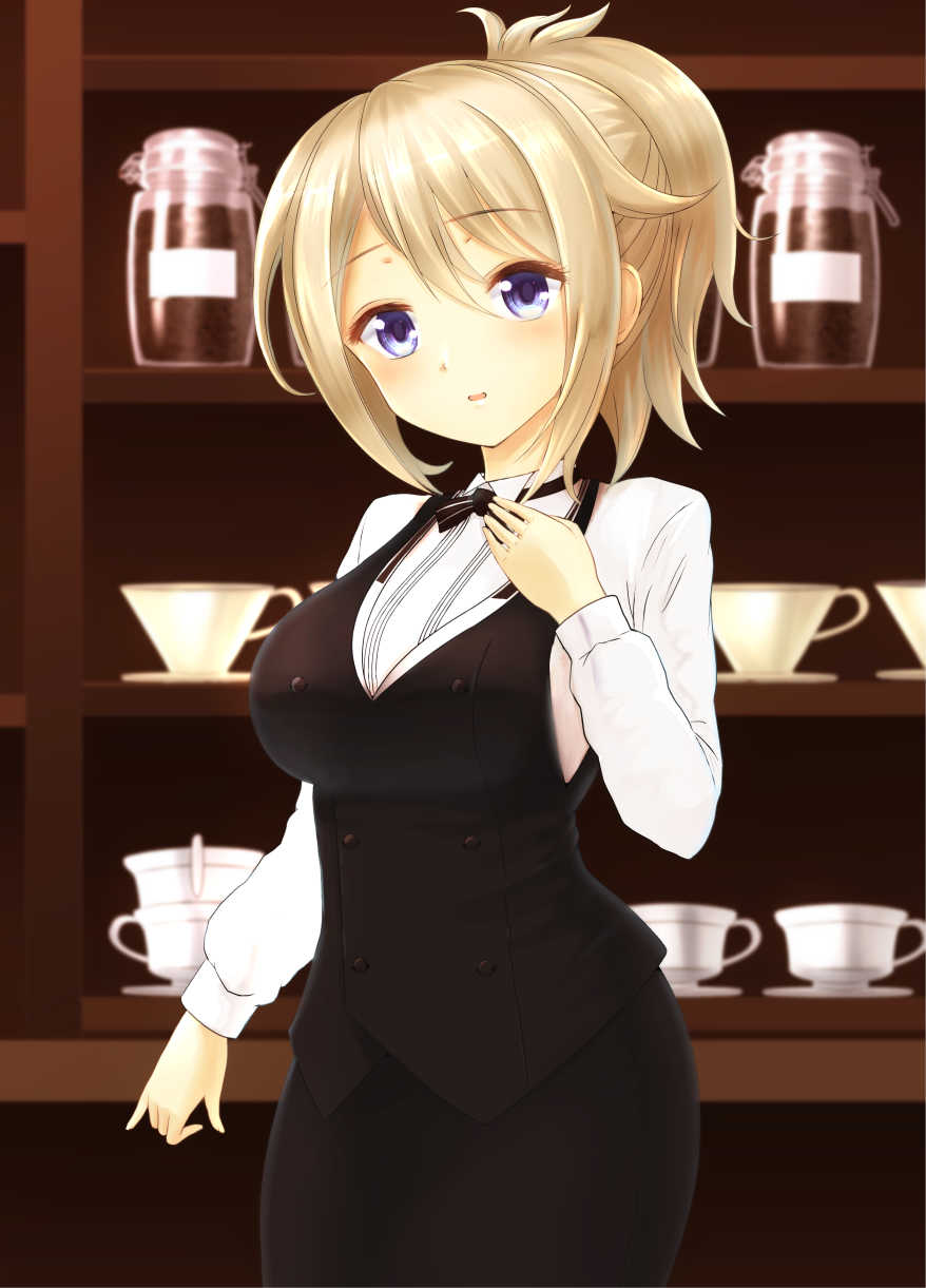 1girl, aoyama_blue_mountain, blonde_hair, gochuumon_wa_usagi_desu_ka?, highres, looking_at_viewer, ponytail, short_hair