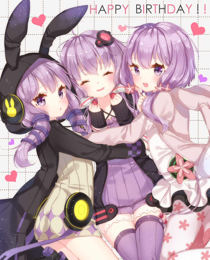 !!, 3girls, :d, ^_^, ahoge, animal_ears, animal_hood, bangs, blush, bunny_hood, checkered, chestnut_mouth, closed_eyes, dress, floral_print, flower, frills, girl_sandwich, group_hug, hair_flower, hair_ornament, hair_ribbon, happy_birthday, headphones, heart, highres, hood, hood_down, hooded_jacket, hug, jacket, jimmy, long_hair, long_sleeves, looking_at_viewer, low_twintails, multiple_girls, multiple_persona, open_clothes, open_jacket, open_mouth, pantyhose, print_legwear, purple_hair, purple_ribbon, rabbit_ears, ribbed_dress, ribbon, sandwiched, short_dress, smile, thigh-highs, thigh_gap, twintails, violet_eyes, vocaloid, voiceroid, white_dress, yuzuki_yukari, yuzuki_yukari_(lin), yuzuki_yukari_(onn)