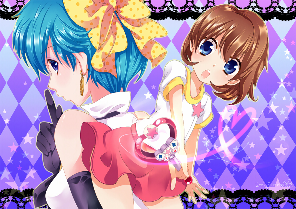 blue_hair, brown_hair, earrings, eyeshadow, gloves, hair_ribbon, heart, jewelry, kazuki_mai, kozuki_mai, magical_emi, magical_girl, mahou_no_star_magical_emi, neko_(natsuiroclassic), ribbon, skirt, star, t-shirt, wand