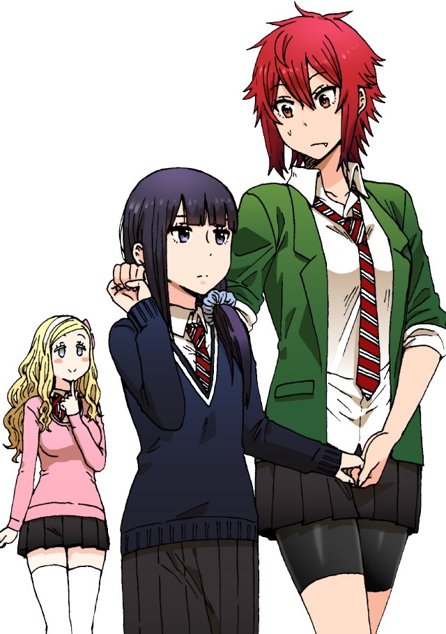3girls, aizawa_tomo, bike_shorts, black_hair, blonde_hair, blush, carol_olston, fang, gundou_misuzu, multiple_girls, necktie, pleated_skirt, redhead, school_uniform, short_hair, side_ponytail, simple_background, skirt, thigh-highs, tomboy, tomo-chan_wa_onna_no_ko, white_background, yanagida_fumita