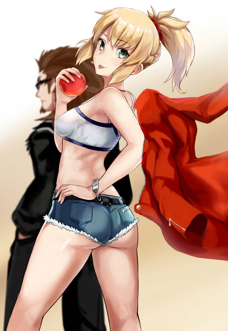 1boy, 1girl, :p, ass, back, belt, blonde_hair, blurry, braid, breasts, brown_hair, crop_top, facial_hair, fate/apocrypha, fate_(series), food, fruit, fur_trim, goatee, gradient, gradient_background, green_eyes, hair_ornament, hair_scrunchie, hand_in_pocket, hand_on_hip, holding, holding_fruit, jacket, jacket_removed, jilllxlxl, long_hair, looking_at_viewer, looking_back, midriff, ponytail, red_jacket, saber_of_red, scrunchie, shishigou_kairi, short_shorts, shorts, sleeveless, sunglasses, tongue, tongue_out, unzipped, zipper