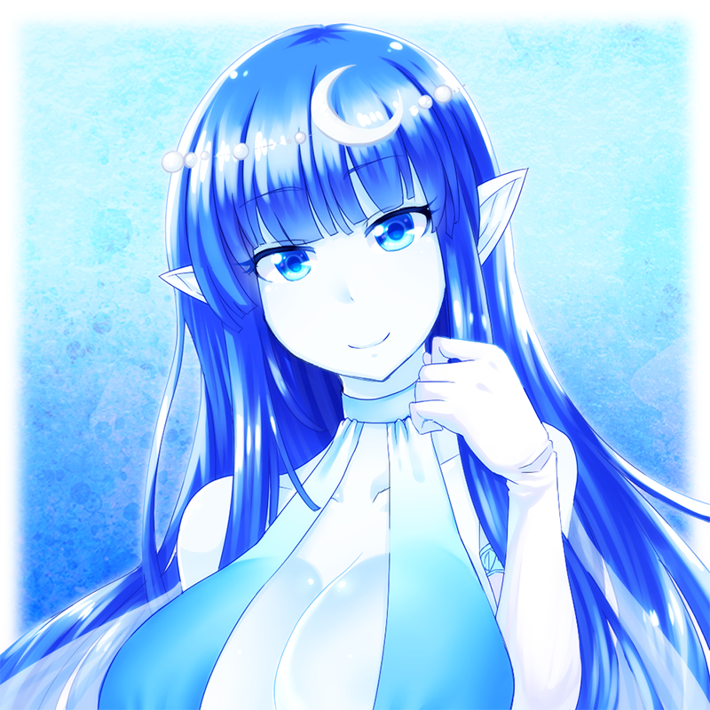 1girl, blue, blue_eyes, blue_hair, breasts, cleavage, crescent_hair_ornament, dina_(monster_musume)