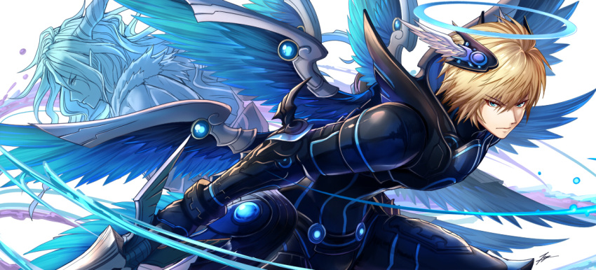 2boys, archangel_lucifer, bangs, blonde_hair, blue_eyes, blue_wings, claw_(weapon), closed_mouth