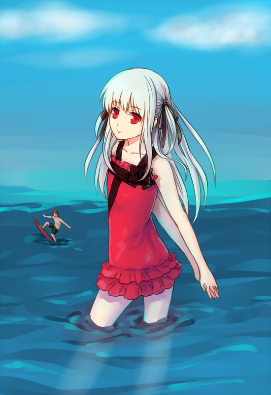 1girl, black_ribbon, casual_one-piece_swimsuit, hair_ribbon, k_(anime), kushina_anna, ky9, long_hair, ocean, one-piece_swimsuit, outdoors, red_eyes, red_swimsuit, ribbon, silver_hair, swimsuit, water