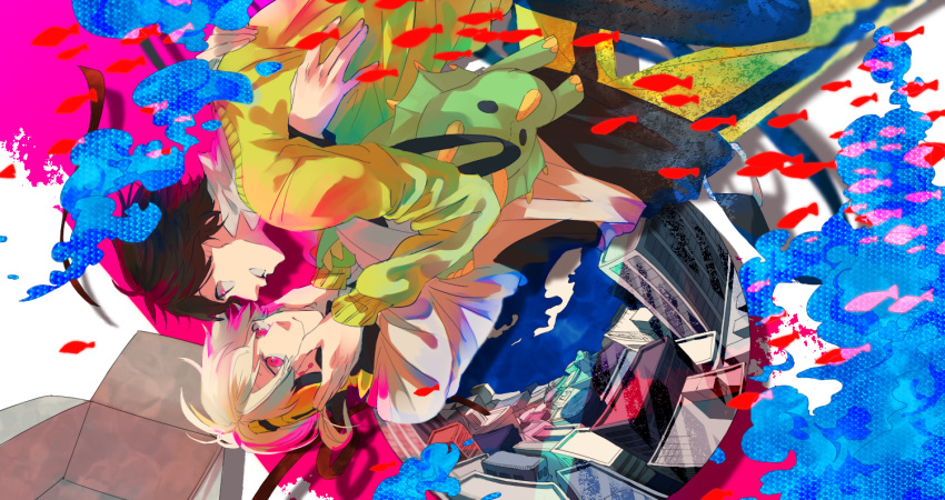 2boys, black_hair, dual_persona, eye_contact, headphones, kagerou_project, kokonose_haruka, konoha_(kagerou_project)