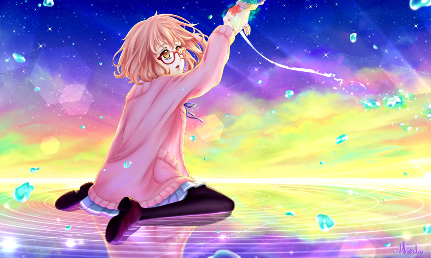 1girl, black_legwear, blue_skirt, dine&amp;rita, glasses, highres, holding_hands, kuriyama_mirai