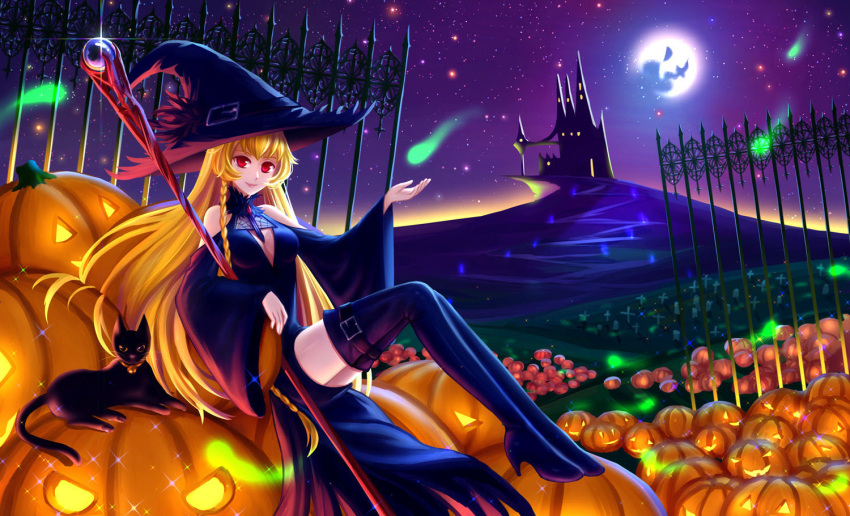 1girl, blonde_hair, cat, dine&amp;rita, female, halloween, hat, long_hair