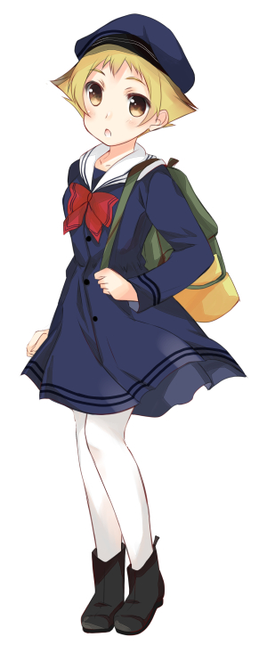 1girl, abenattou, backpack, bag, beret, blonde_hair, blue_dress, blush